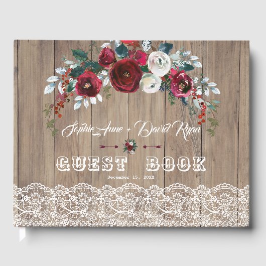Burgundy Blush Flowers Lace Wood Weddenschap Gastenboek (Voorkant)