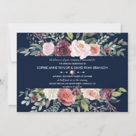 Burgundy Blush Flowers Navy Blue Wedding Kaart