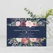 Burgundy Blush Flowers Navy Blue Wedding Kaart (Staand voorkant)