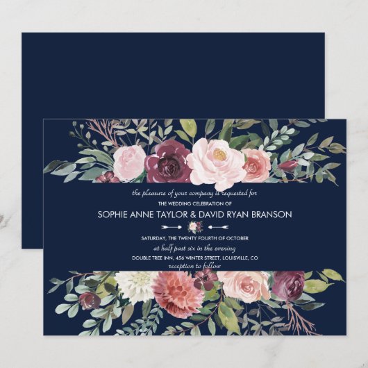Burgundy Blush Flowers Navy Blue Wedding Kaart (Voorkant / Achterkant)