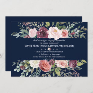 Burgundy Blush Flowers Navy Blue Wedding Kaart