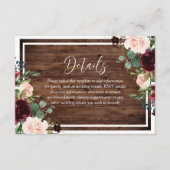 Burgundy & Blush Flowers Rustic Wood Weddenschap Informatiekaartje (Voorkant)