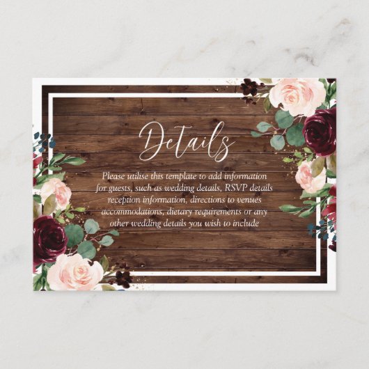 Burgundy & Blush Flowers Rustic Wood Weddenschap Informatiekaartje (Voorkant)
