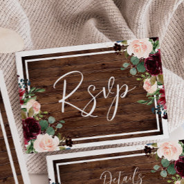 Burgundy & Blush Flowers Rustic Wood Weddenschap RSVP Kaartje