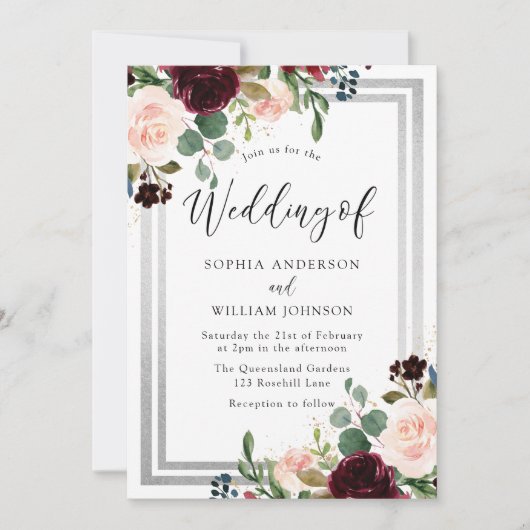 Burgundy Blush Flowers & Silver Spring Wedding Kaart (Voorkant)
