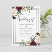 Burgundy Blush Flowers & Silver Spring Wedding Kaart (Staand voorkant)
