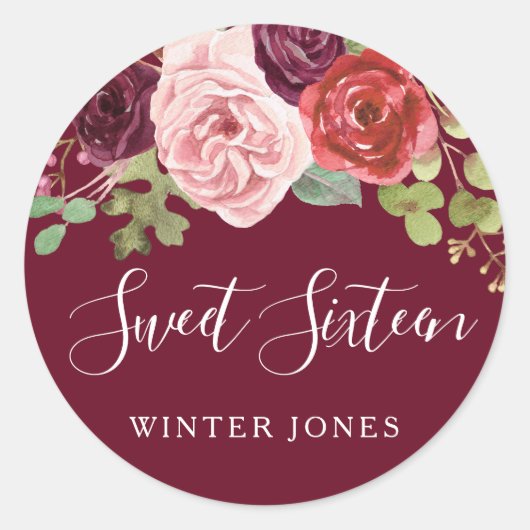 Burgundy Blush Flowers Sweet 16 Party Stickers (Voorkant)