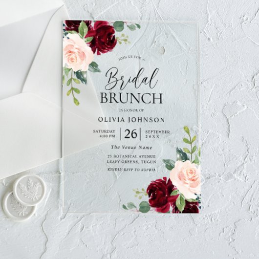 Burgundy & Blush Flowers Vrijgezellenfeest Brunch Acryl Uitnodigingen