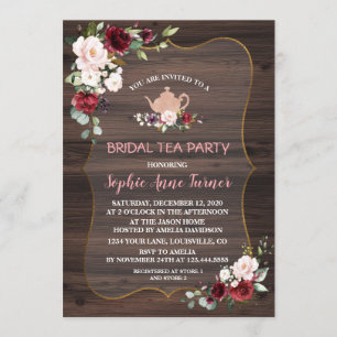 Burgundy Blush Flowers Wood Bridal Tea Party Kaart