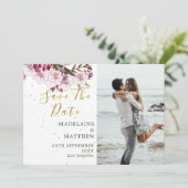 Burgundy Blush Foto Floral Gold Elegant Chic Save The Date (Staand voorkant)