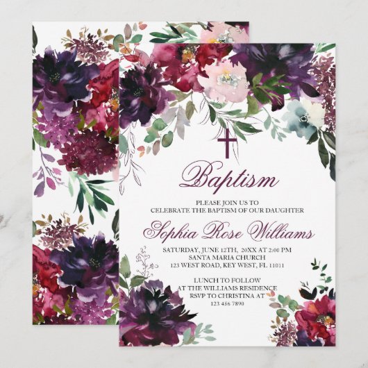 Burgundy Blush Girl Baptism Invitation Kaart (Voorkant / Achterkant)