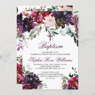 Burgundy Blush Girl Baptism Invitation Kaart