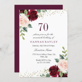 Burgundy Blush Glitter 70th Birthday Party Kaart