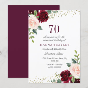 Burgundy Blush Glitter 70th Birthday Party Kaart