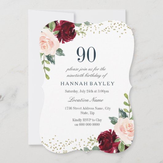 Burgundy Blush Glitter 90th Birthday Party Invite Kaart (Voorkant)