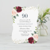 Burgundy Blush Glitter 90th Birthday Party Invite Kaart (Staand voorkant)