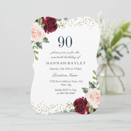 Burgundy Blush Glitter 90th Birthday Party Invite Kaart (Staand voorkant)