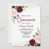 Burgundy Blush Glitter Floral Quinceanera Kaart (Voorkant)