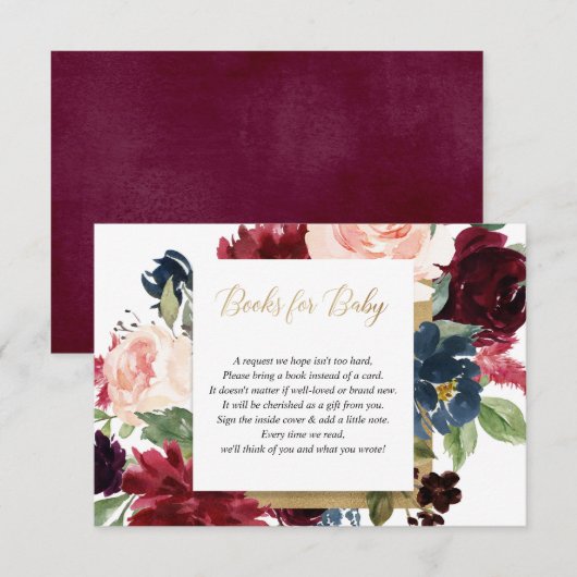 Burgundy blush gold baby shower book request  informatiekaartje (Voorkant / Achterkant)