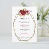 Burgundy Blush Gold Floral Monogram Weddenschap Informatiekaartje (Staand voorkant)