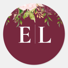 Burgundy Blush Gold Floral Monogram Weddenschap Ronde Sticker