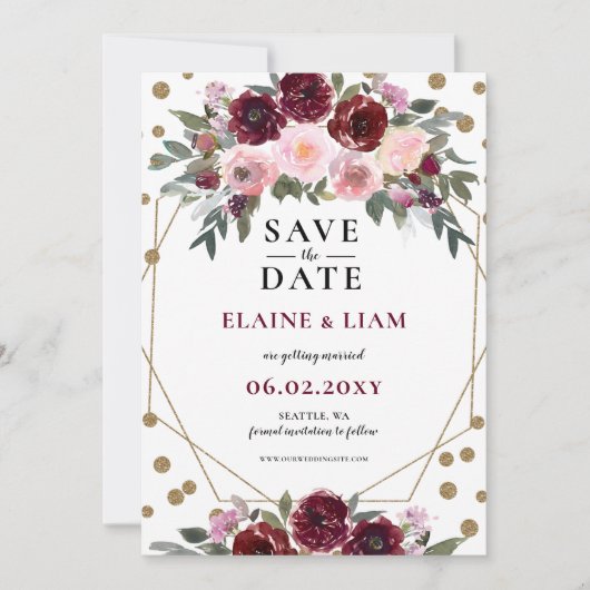 Burgundy Blush Gold Floral Monogram Weddenschap Sa Save The Date (Voorkant)