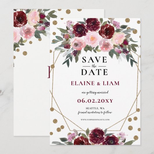 Burgundy Blush Gold Floral Monogram Weddenschap Sa Save The Date (Voorkant / Achterkant)