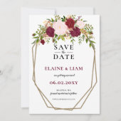 Burgundy Blush Gold Floral Monogram Weddenschap Save The Date (Voorkant)