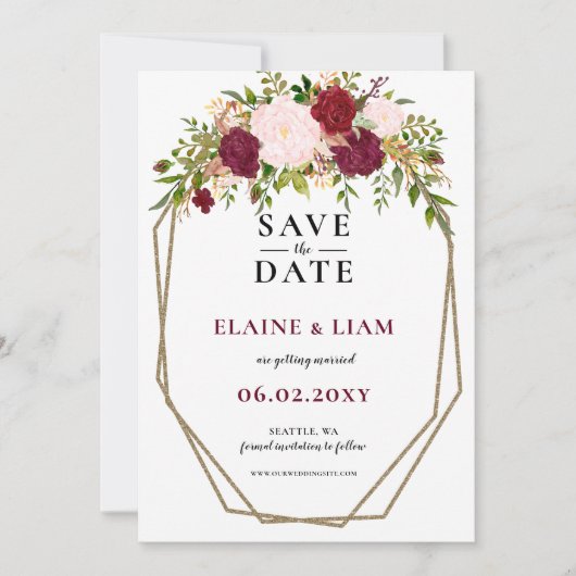 Burgundy Blush Gold Floral Monogram Weddenschap Save The Date (Voorkant)