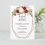 Burgundy Blush Gold Floral Monogram Weddenschap Save The Date (Staand voorkant)