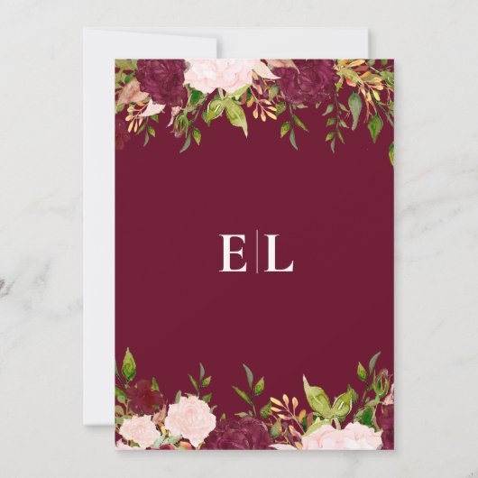 Burgundy Blush Gold Floral Monogram Weddenschap Save The Date (Achterkant)