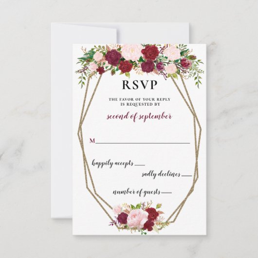 Burgundy Blush Gold Floral Monogram Wedding rsvp (Voorkant)