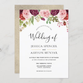 Burgundy Blush & Gold Floral Wedding Invite Kaart