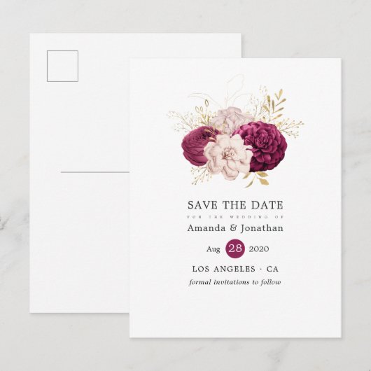 Burgundy Blush & Gold Floral Wedding Save the Date Aankondigingskaart (Voorkant / Achterkant)