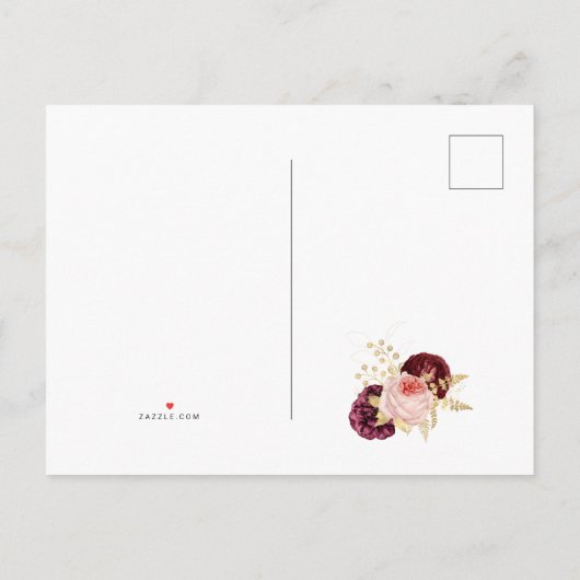 Burgundy Blush & Gold Floral Wedding Save the Date Aankondigingskaart (Achterkant)