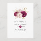 Burgundy Blush & Gold Floral Wedding Save the Date Aankondigingskaart (Voorkant)
