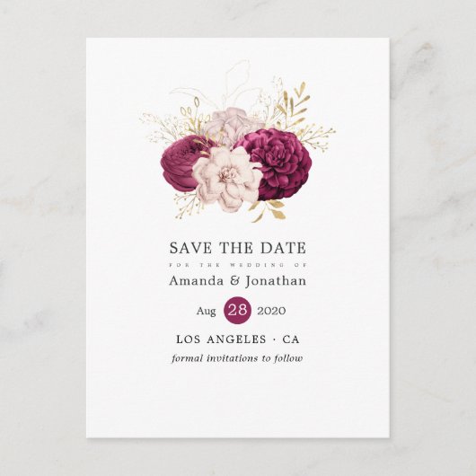 Burgundy Blush & Gold Floral Wedding Save the Date Aankondigingskaart (Voorkant)