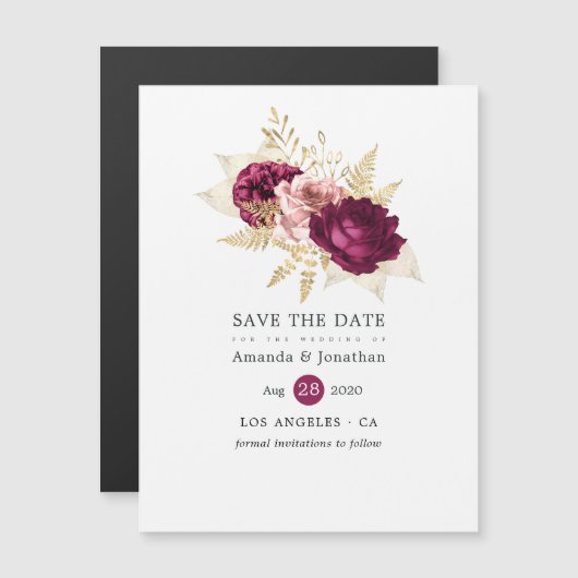 Burgundy Blush & Gold Floral Wedding Save the Date Magnetische Uitnodiging (Voorkant / Achterkant)
