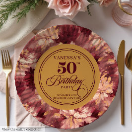 Burgundy blush gold roses woman 50th birthday   papieren bordje