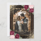 Burgundy Blush Gold Wood Floral Weduwfoto Save The Date (Voorkant)