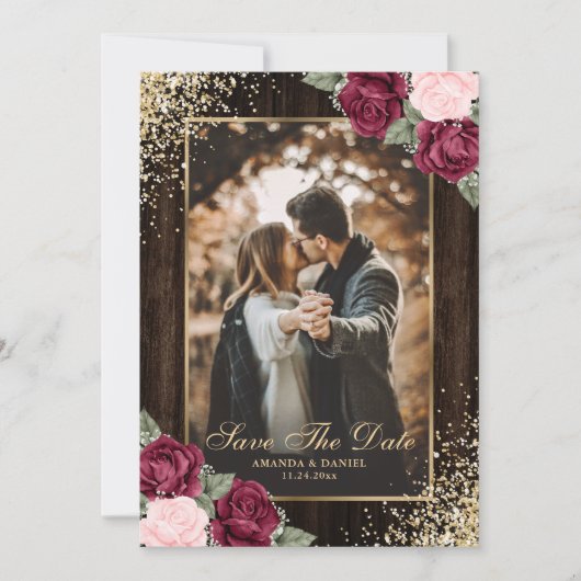 Burgundy Blush Gold Wood Floral Weduwfoto Save The Date (Voorkant)