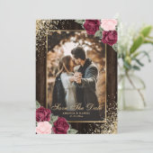 Burgundy Blush Gold Wood Floral Weduwfoto Save The Date (Staand voorkant)