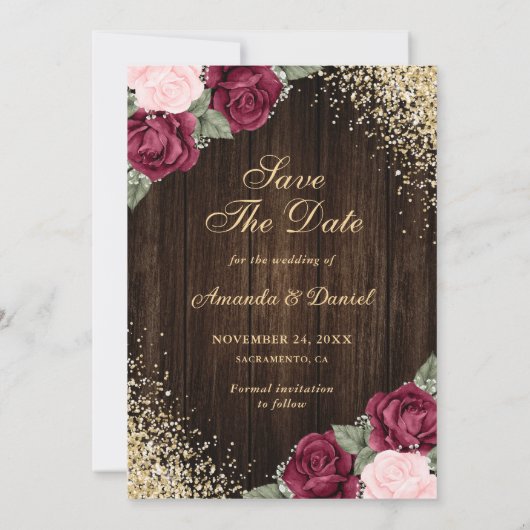 Burgundy Blush Gold Wood Floral Weduwfoto Save The Date (Achterkant)