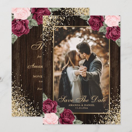 Burgundy Blush Gold Wood Floral Weduwfoto Save The Date (Voorkant / Achterkant)