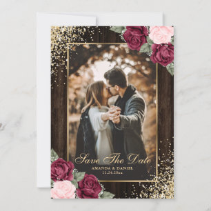 Burgundy Blush Gold Wood Floral Weduwfoto Save The Date