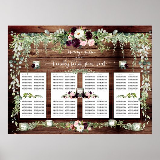 Burgundy Blush Greenery Garland 160 Guest Seating Poster (Voorkant)