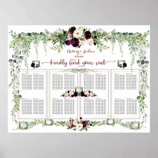 Burgundy Blush Greenery Garland 160 Guest Seating Poster (Voorkant)