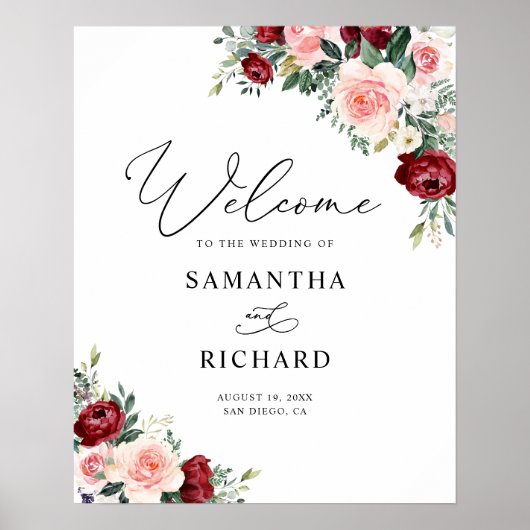 Burgundy Blush Greenery Wedding Welcome Sign Poster (Voorkant)
