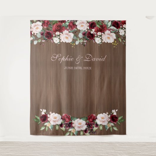Burgundy Blush Houten Trouwfoto Booth Achtergrond Wandkleed (Voorkant)
