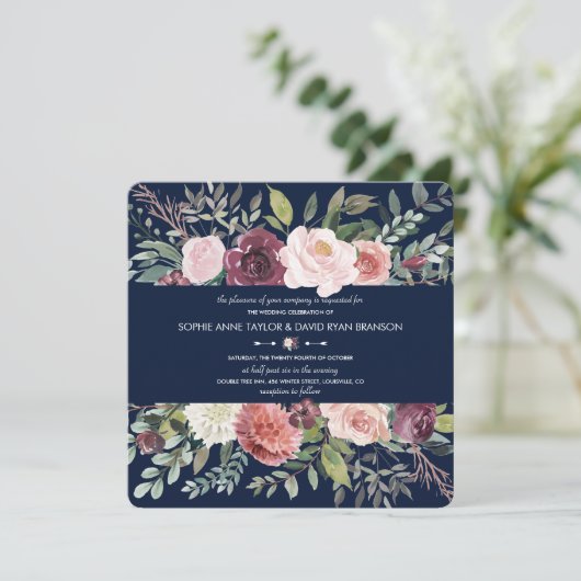 Burgundy Blush Ivory Bloemige Navy Blauwe Trouw Kaart (Staand voorkant)